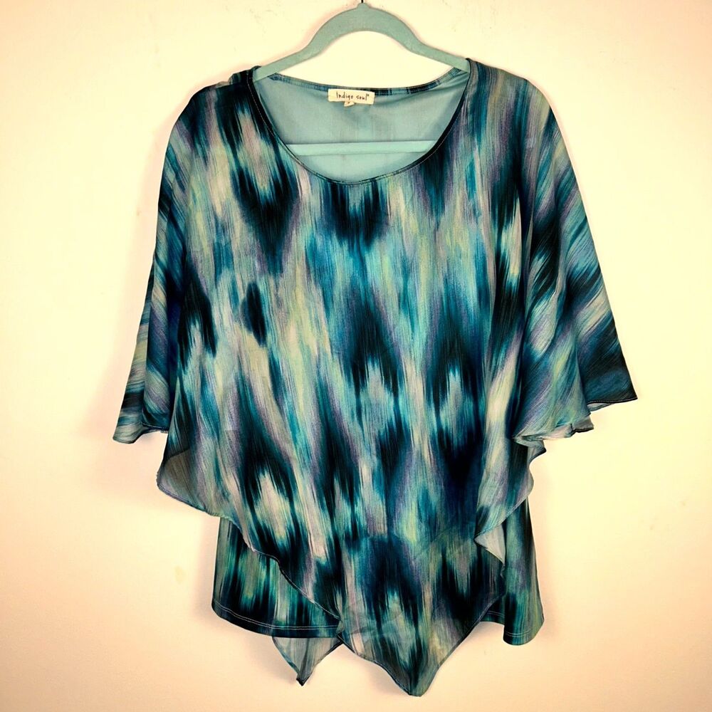 Indigo Soul Blouse Top Women Medium Multicolor Abstract Flutter Sleeve Boho Chic